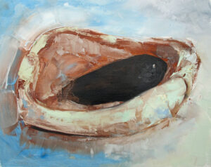 Aubergine in a large platter. 
Oil on canvas, 50 x 60 cm,
Framed, £800, unframed, £700.