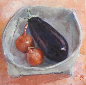Aubergine in flat dish. 
Oil on canvas, 30 x 30 cm, 2023.
£150