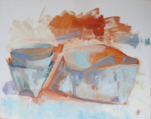 Stack of bowls and large dish. 
Oil on canvas, 40 x 50 cm. 
£400