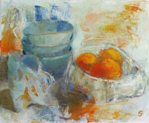 Deep dish of oranges, pitcher, stack of bowls.
Oil on canvas, 40 x 50 cm, 2023. 
£300